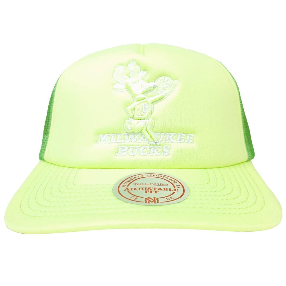 Milwaukee Bucks Mitchell & Ness NBA Trucker Hat Cap Snapback Neon Green NWT